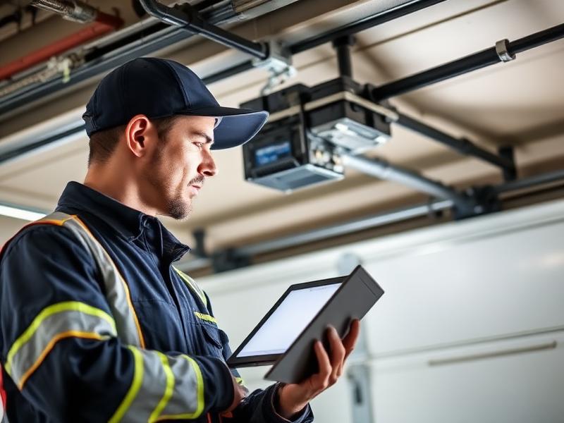 Professional garage door technician with tablet performing inspection