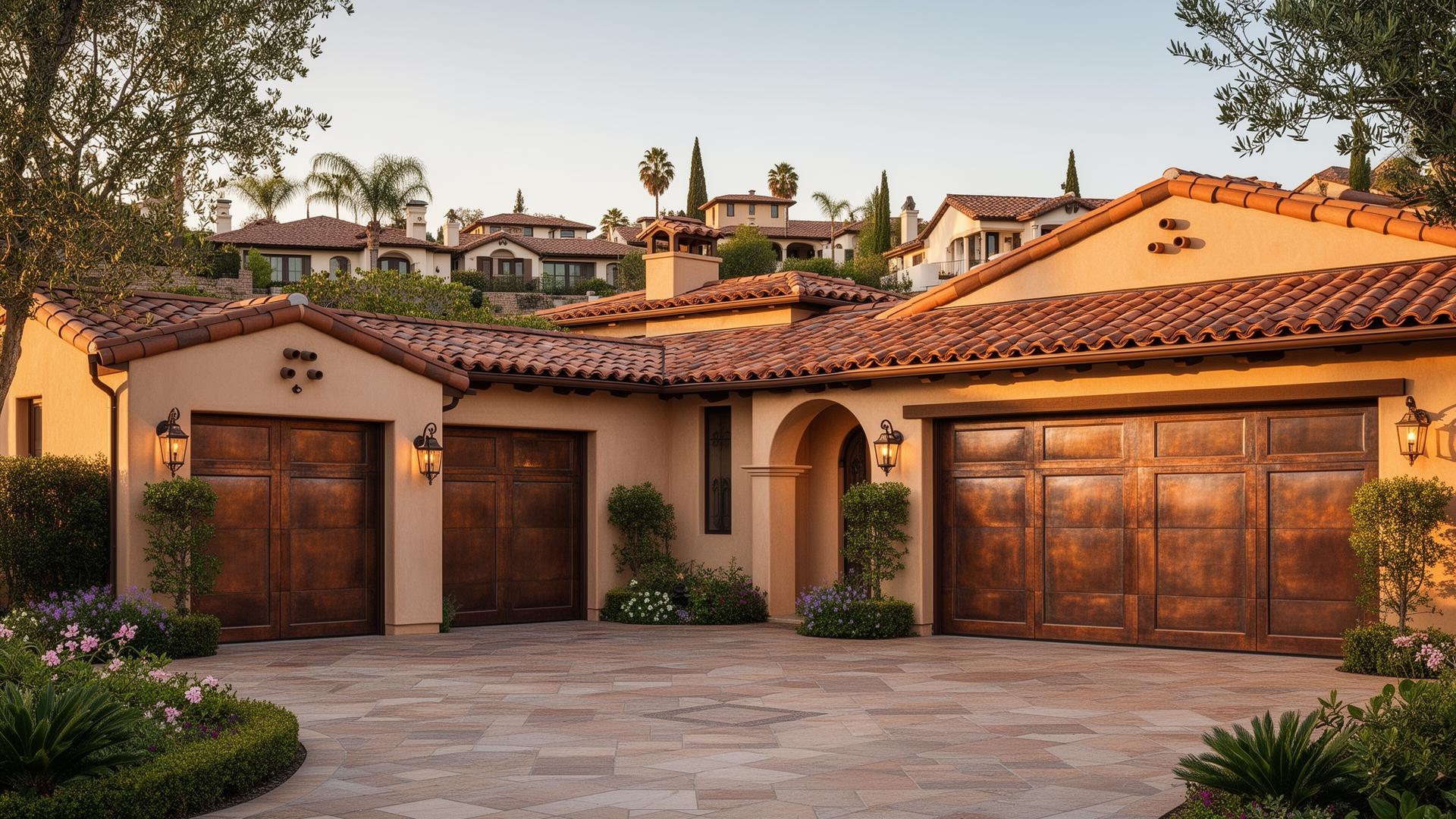 Luxury copper-clad garage doors on California Spanish revival home